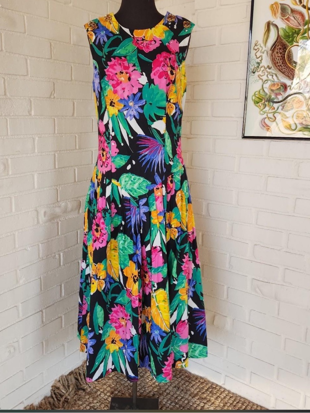 Melissa Floral Sleeveless Midi Dress in Black with Pink, Yellow & Green
